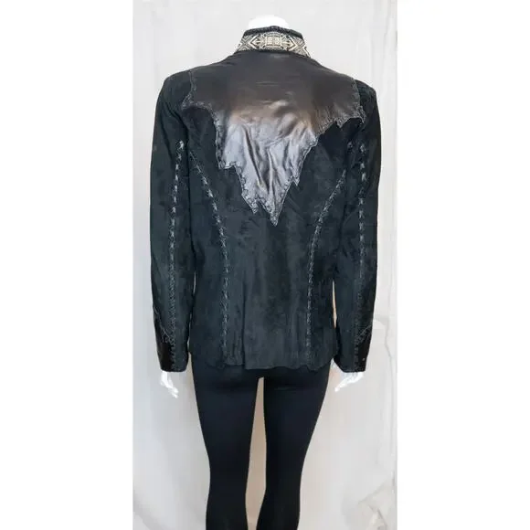 TRIBE AMERICA Women's Vintage Black Suede & Leather Beaded JacketUS 8 - Picture 3 of 14